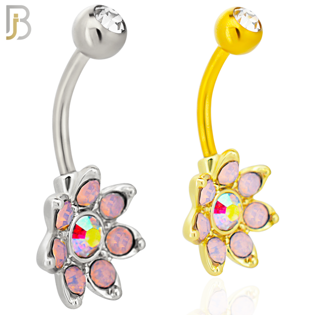 NB92 - 316L Stainless Steel Flower  Design CZ Banana Belly Ring and 5mm Screw Top image 0