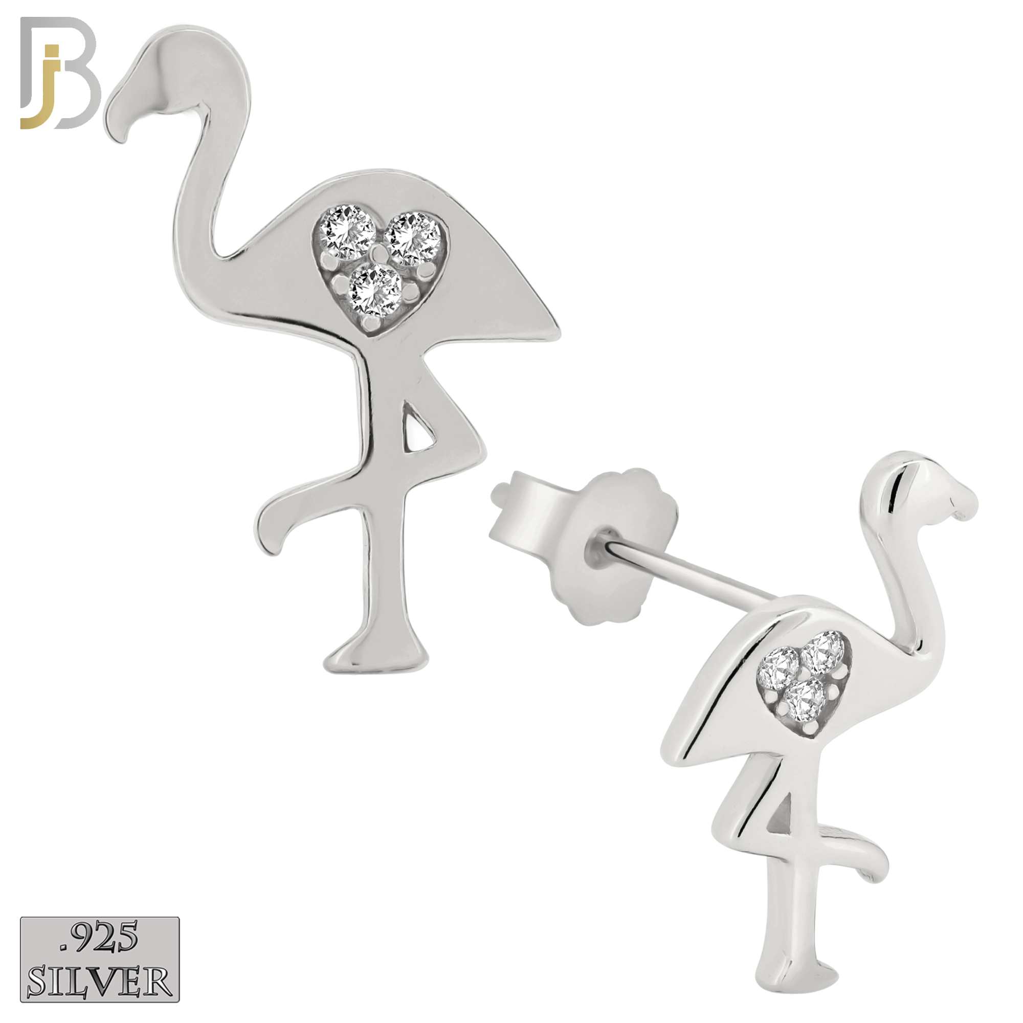 925-ES153 - .925 Sterling Silver Flamingo with Carved Heart Design with Zircon Design Earring Stud image 1