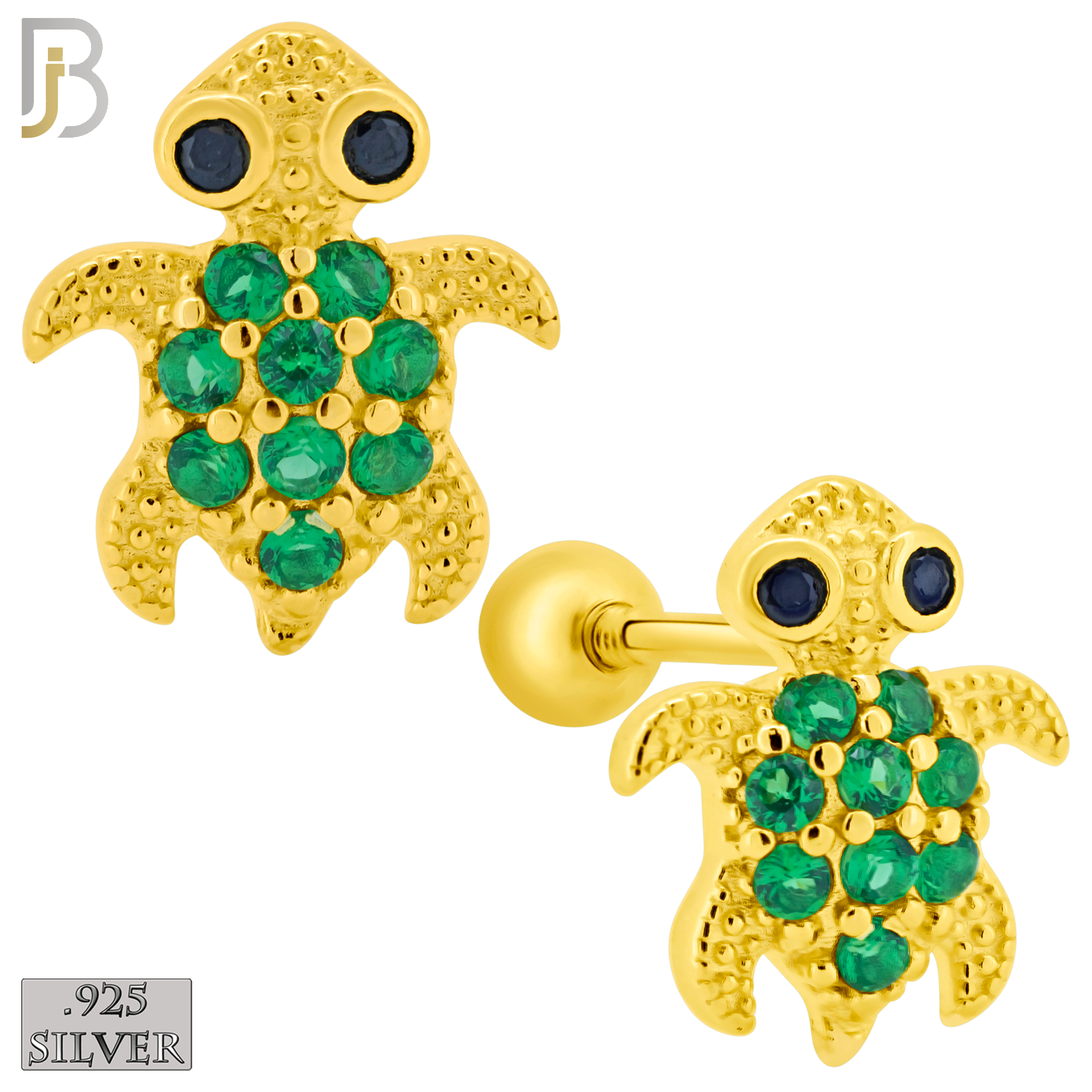 925-ES195 - Screw Ball Back - .925 Sterling Silver Turtle Design Earring Stud with Green Zircon image 2