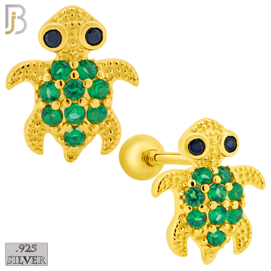 925-ES195 - Screw Ball Back - .925 Sterling Silver Turtle Design Earring Stud with Green Zircon image 2