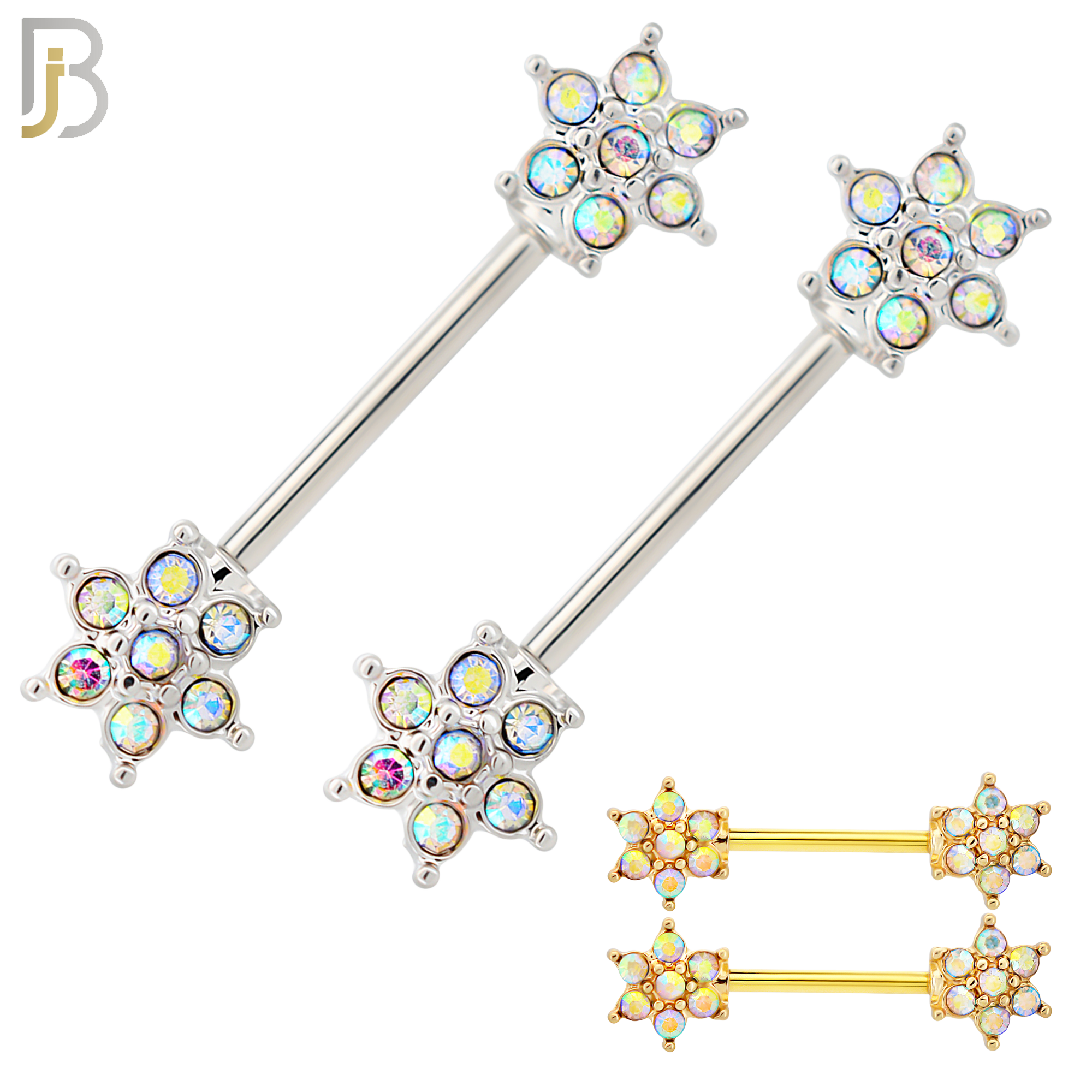 NP76 - 316L Surgical Steel Flower Design with Multi Zircon Nipple Rings Pair image 0