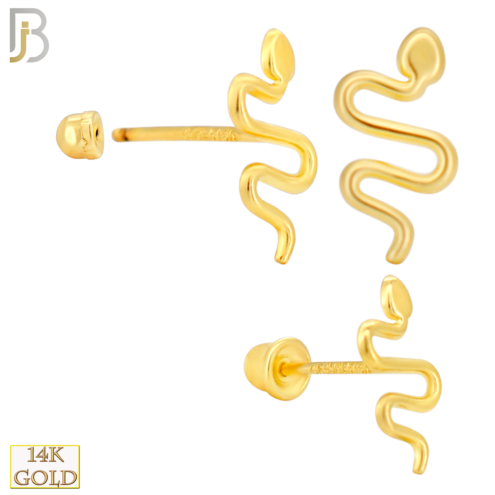 14k Solid Gold Snake Stud Earrings - Screw Back image 1