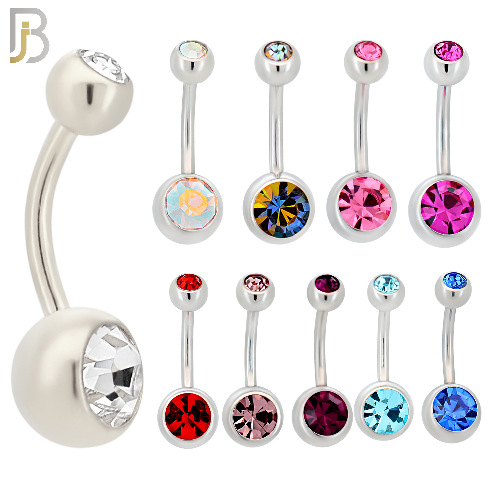 PK-NB01BSA - 316L Surgical Steel Bezel Setting Zircon Ball Banana Belly Ring Pack of 40 image 1