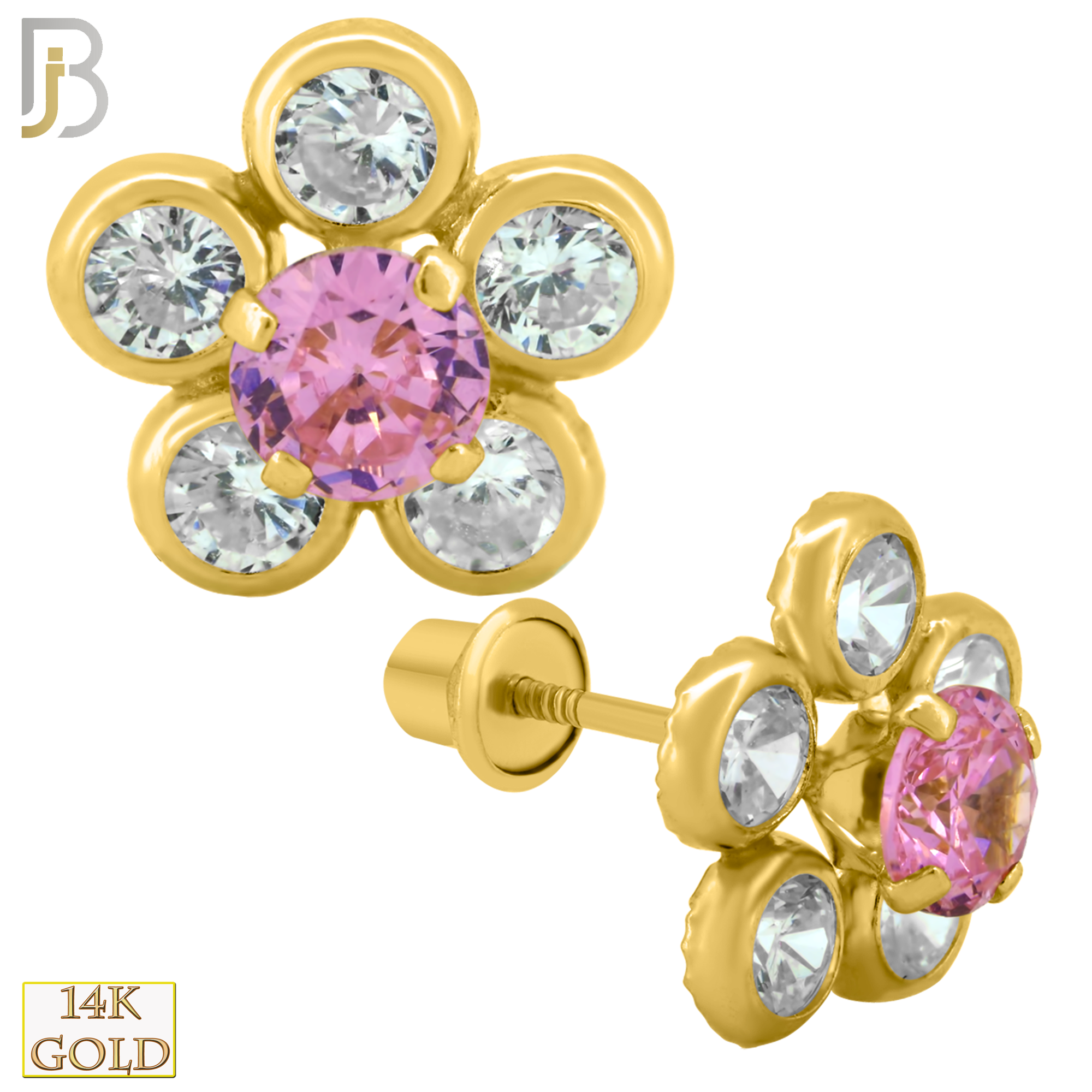 14-ES212 - 14k Solid Gold 9mm Flower Design Earring Stud with Clear & Pink Zircon image 0