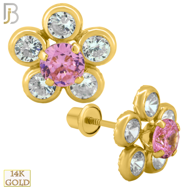 14-ES212 - 14k Solid Gold 9mm Flower Design Earring Stud with Clear & Pink Zircon image 0