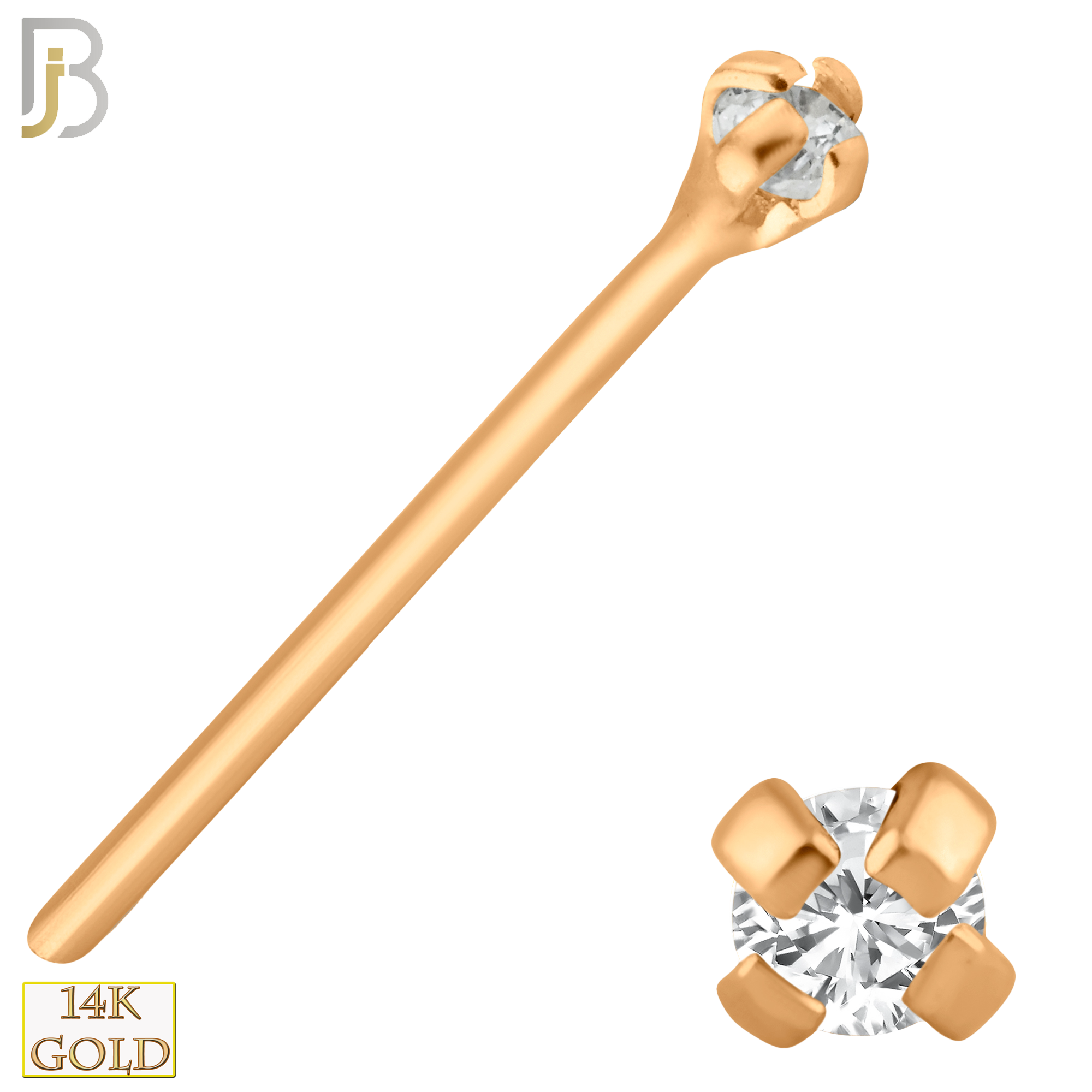 14-NR02CR-20 -  20g14k Solid Rose Gold Prong Setting  Round Cubic Zirconia Nose Stud Bend-it Yourself, Nose Straight  image 1