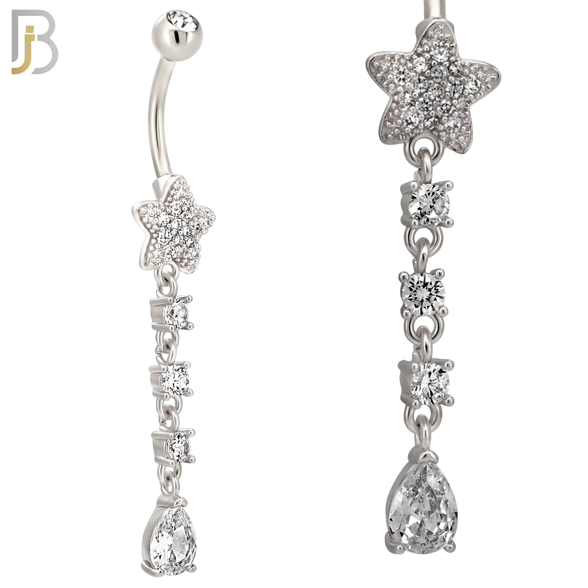 N0150 - 316L Surgical Steel Star CZ Studded Belly Ring with Pear CZ Drop image 2