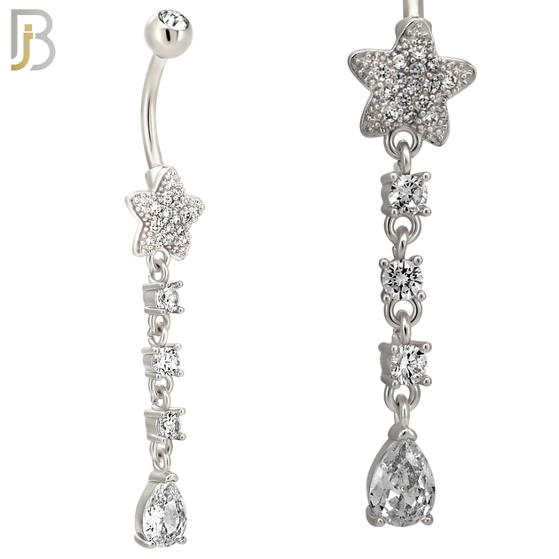 N0150 - 316L Surgical Steel Star CZ Studded Belly Ring with Pear CZ Drop image 2