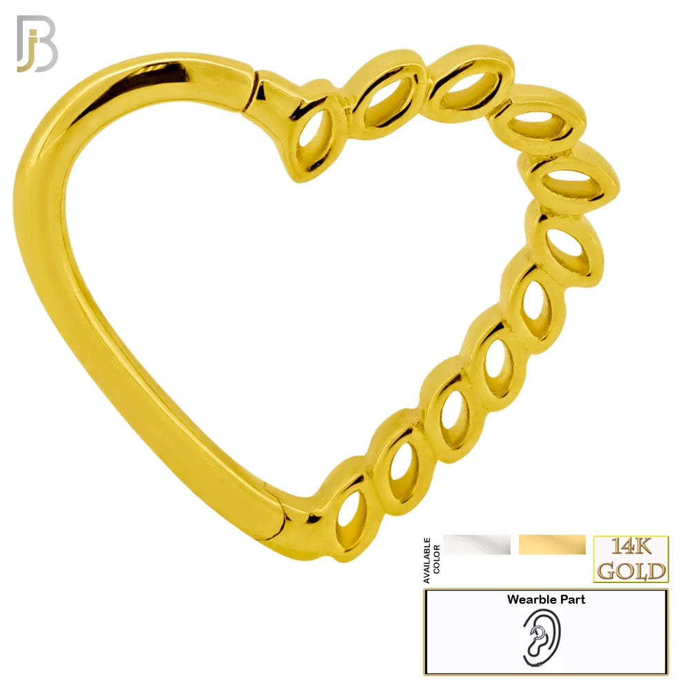 14-TH13 - 14K Solid Gold 18g Thickness Hollow Heart with Half is Marquise Shaped Design Hinged Hoop image 0