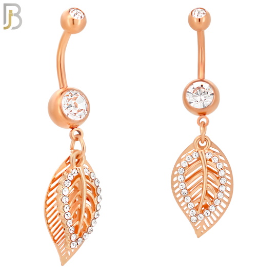 N023  - 316L Stainless Steel Dangling Leaf with Zircon Design Belly Ring with 5mm Screw Ball image 2