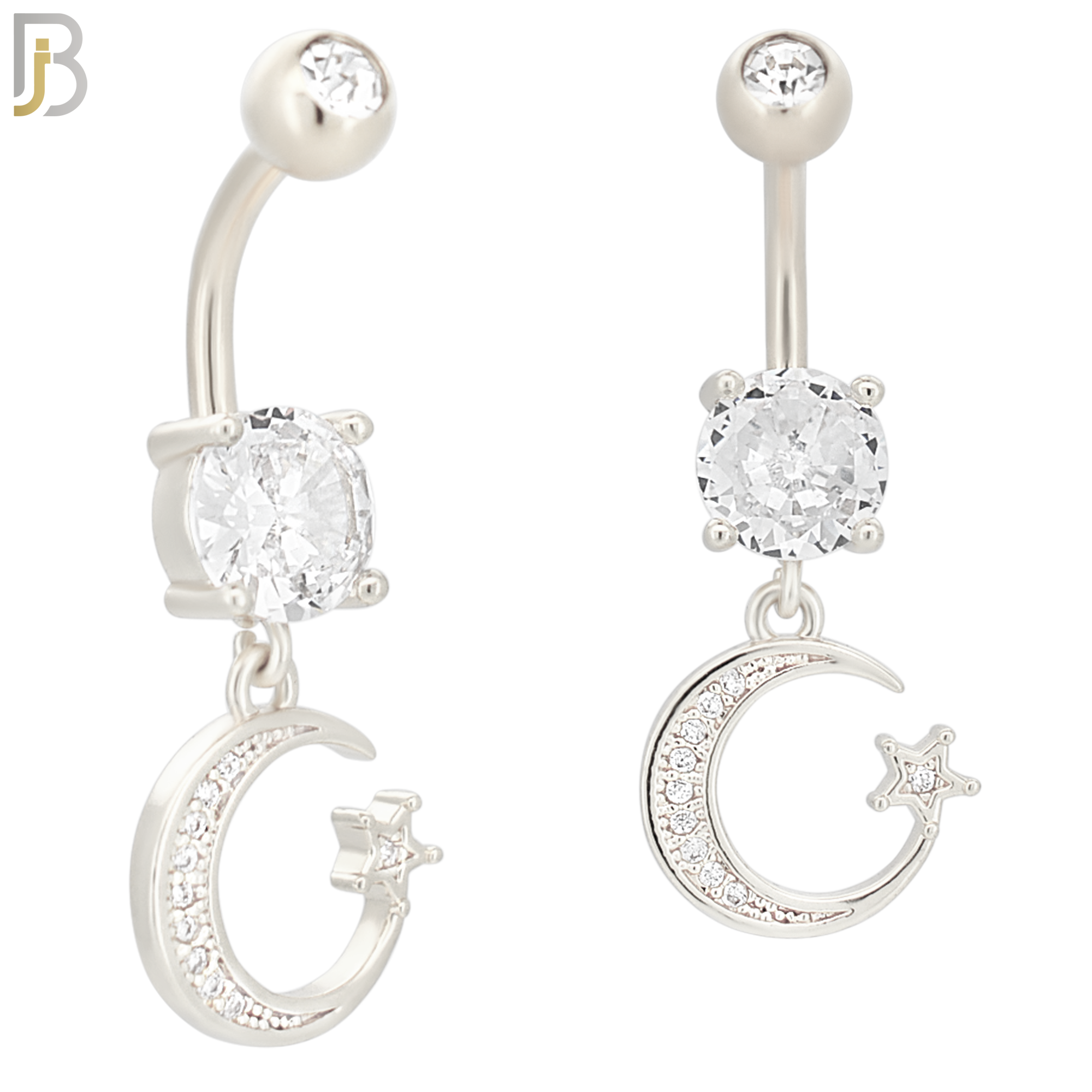 N020 - 316L Stainless Steel Dangling Crescent Moon with Star and Zircon Design Belly Ring with 5mm Screw Ball image 1