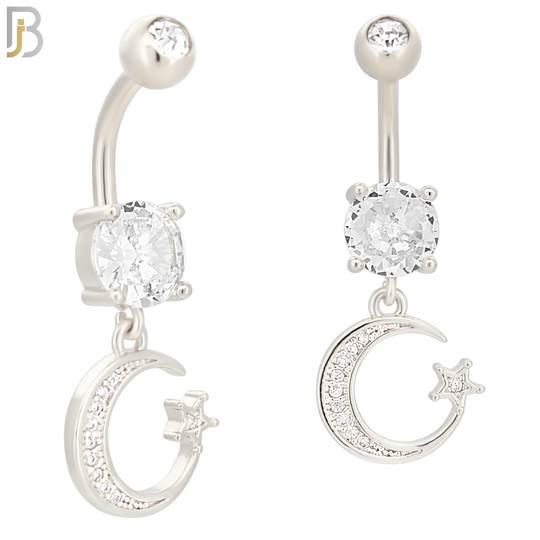 N020 - 316L Stainless Steel Dangling Crescent Moon with Star and Zircon Design Belly Ring with 5mm Screw Ball image 1