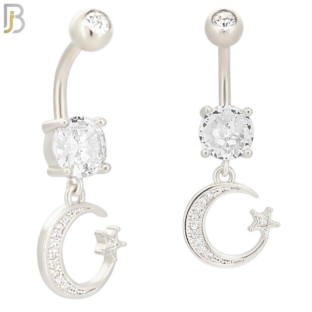 N020 - 316L Stainless Steel Dangling Crescent Moon with Star and Zircon Design Belly Ring with 5mm Screw Ball image 1