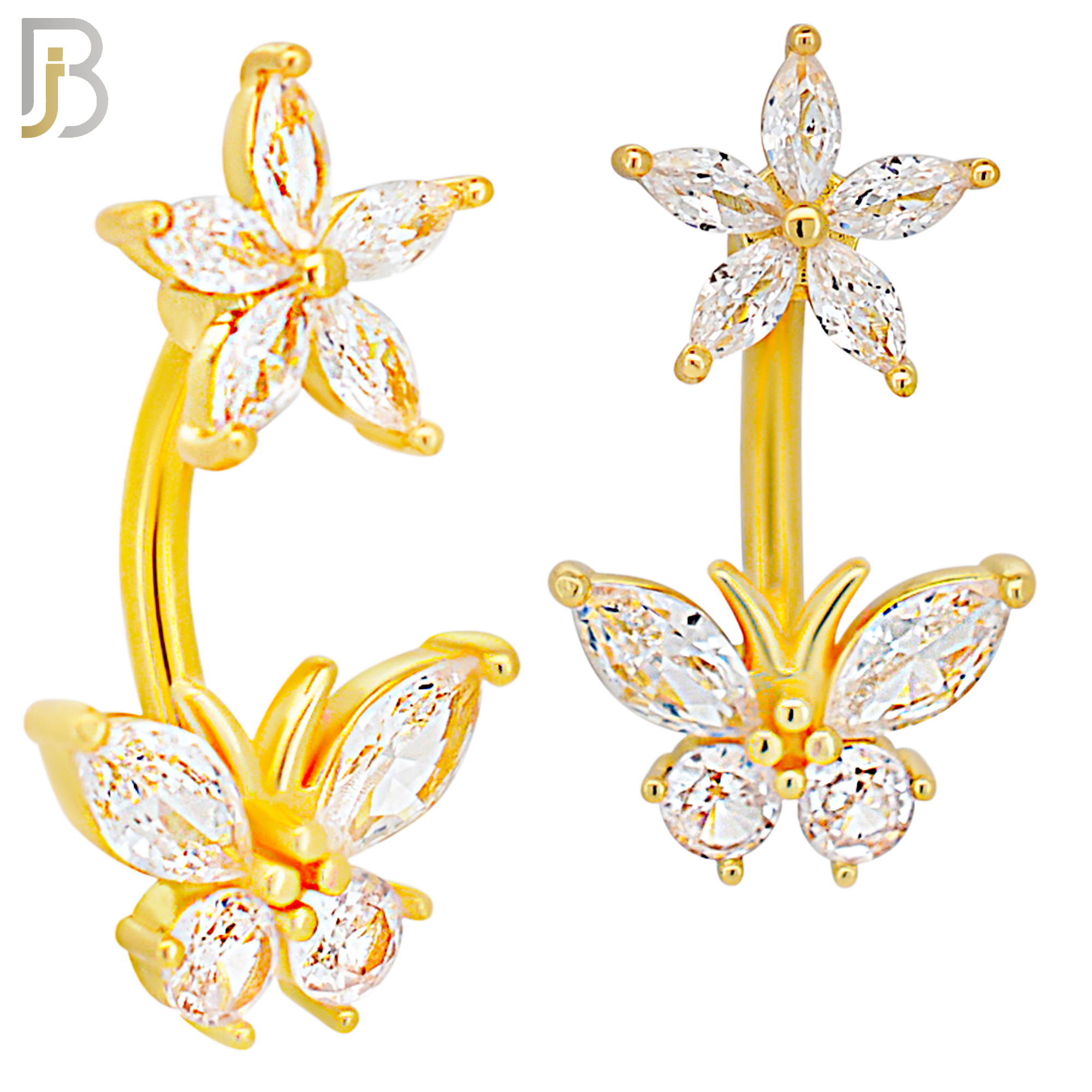 NB67 - 316L Stainless Steel Banana Belly Ring with Flower and Butterfly Cubic Zirconia image 2