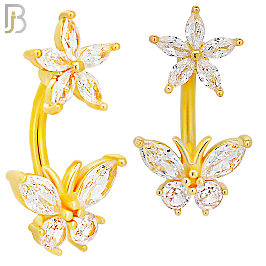 NB67 - 316L Stainless Steel Banana Belly Ring with Flower and Butterfly Cubic Zirconia image 2