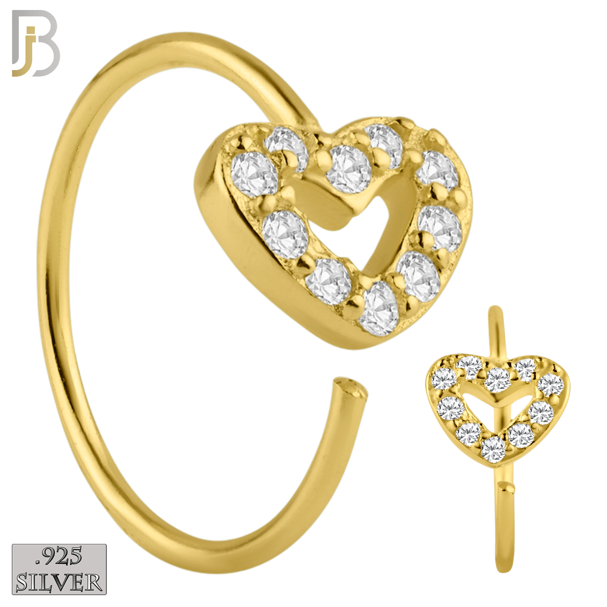 925-CT28 - 925 Sterling Silver Hollow Heart  with CZ Design Nose Hoops 22g Thick 8mm wide (PACK OF 6) image 1