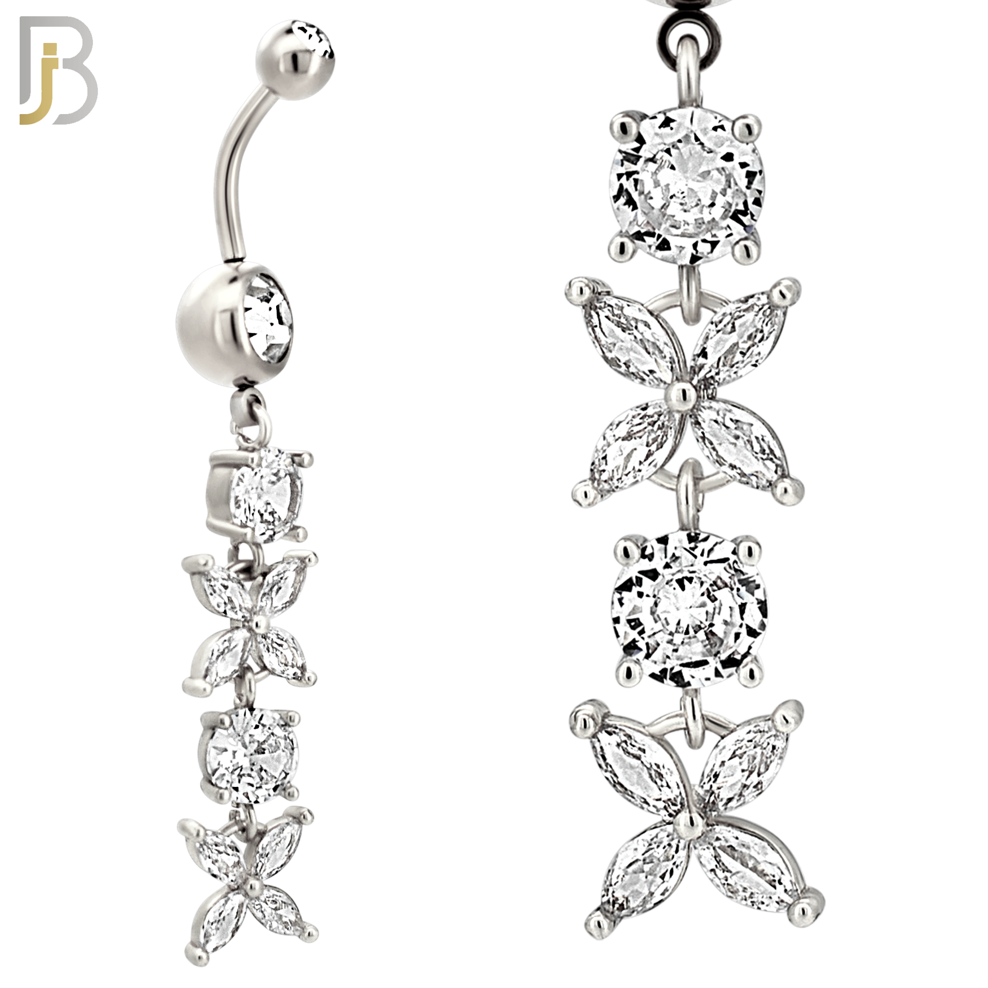N0144 - Steel - 316L Surgical Steel Dangling Flower with Multi CZ Belly Ring image 2