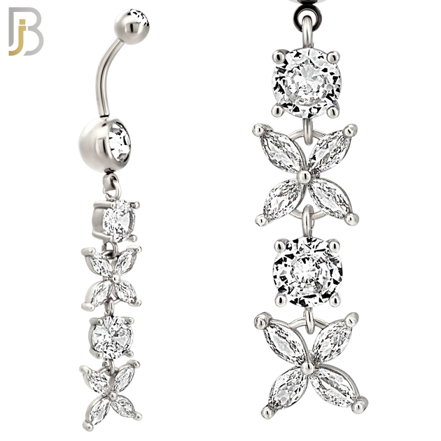N0144 - Steel - 316L Surgical Steel Dangling Flower with Multi CZ Belly Ring image 2