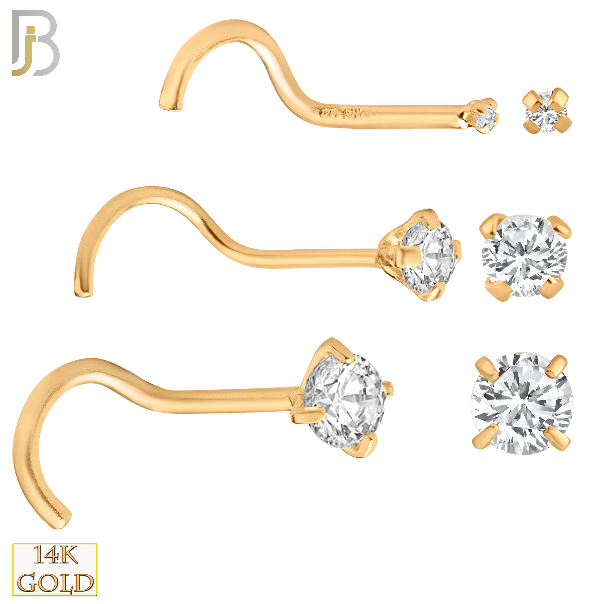 14-NR03CR-22 - 14k Solid Rose Gold 22g Prong Setting  Round Cubic Zircona Nose Screw, Cork Screw image 0