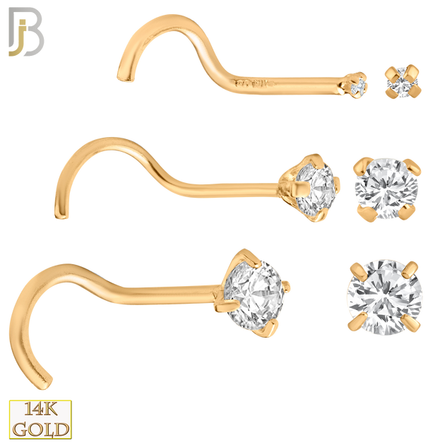 14-NR03CR-22 - 14k Solid Rose Gold 22g Prong Setting  Round Cubic Zircona Nose Screw, Cork Screw image 0