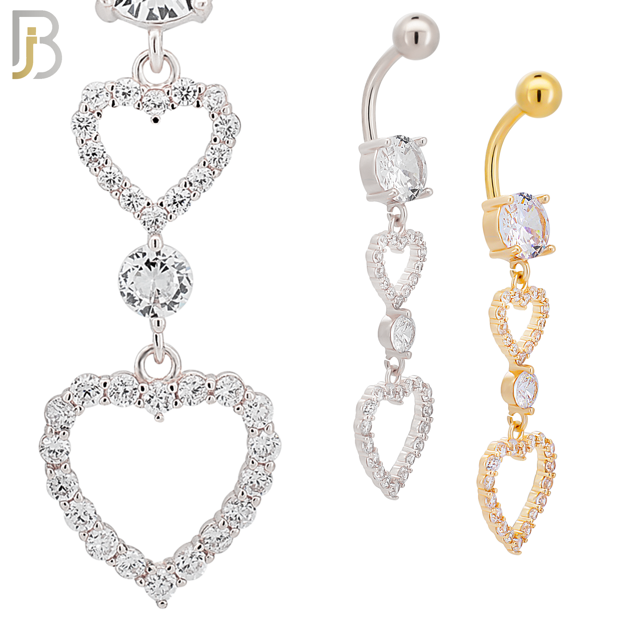 N0139 -  316L Stainless Steel Dangling Double Heart with CZ Belly Ring image 0