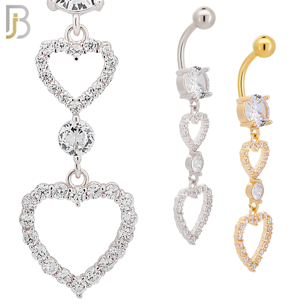 N0139 -  316L Stainless Steel Dangling Double Heart with CZ Belly Ring image 0