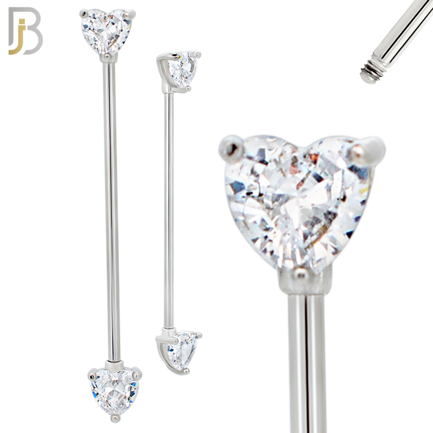 BB60 -  316L Surgical Steel Screw Bar with Heart Shaped CZ  Industrial Barbell (PACK OF 4) (Copy)