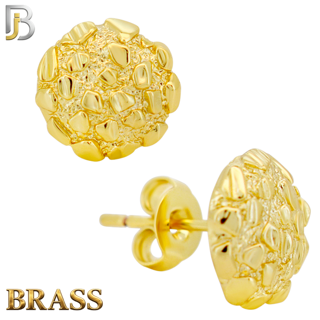 BR-ES513 - Brass Round Nugget Push‑Back Earrings