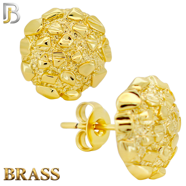 BR-ES513 - Brass Round Nugget Push‑Back Earrings