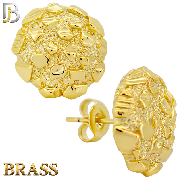 BR-ES513 - Brass Round Nugget Push‑Back Earrings