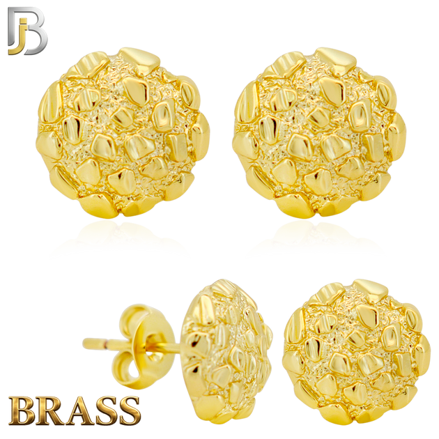 BR-ES513 - Brass Round Nugget Push‑Back Earrings