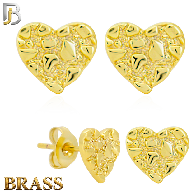 BR-ES515 - Brass Heart Nugget Push‑Back Earrings