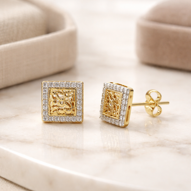 BR-ES517 - Brass Square with CZ Halo Nugget Push‑Back Earrings