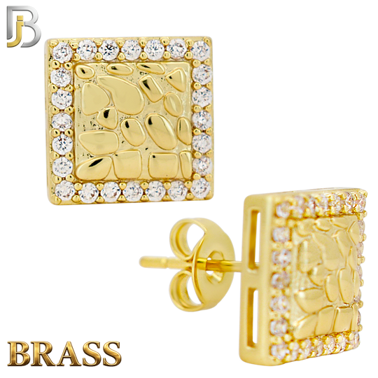 BR-ES517 - Brass Square with CZ Halo Nugget Push‑Back Earrings