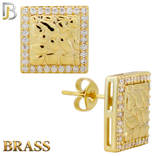 BR-ES517 - Brass Square with CZ Halo Nugget Push‑Back Earrings