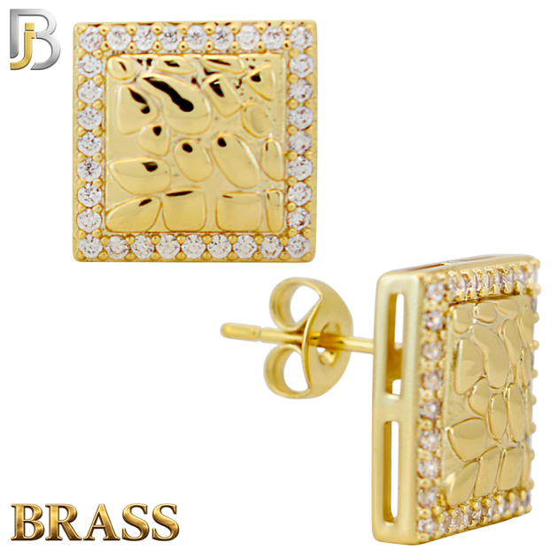 BR-ES517 - Brass Square with CZ Halo Nugget Push‑Back Earrings