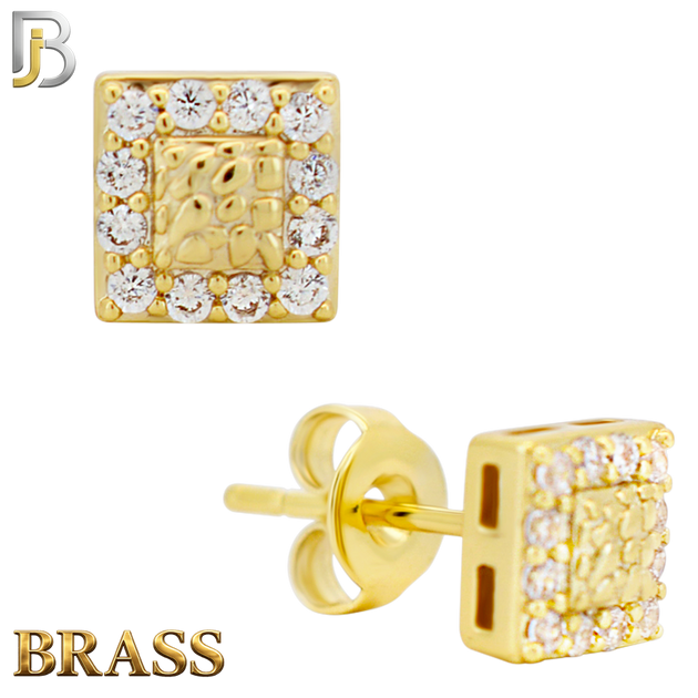 BR-ES517 - Brass Square with CZ Halo Nugget Push‑Back Earrings