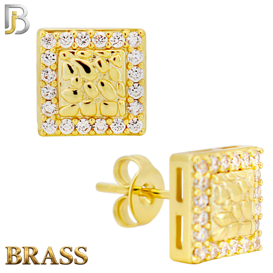 BR-ES517 - Brass Square with CZ Halo Nugget Push‑Back Earrings