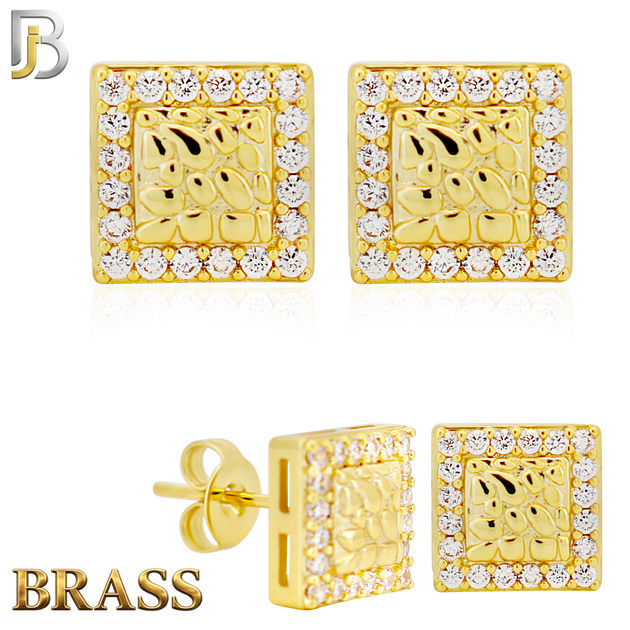 BR-ES517 - Brass Square with CZ Halo Nugget Push‑Back Earrings