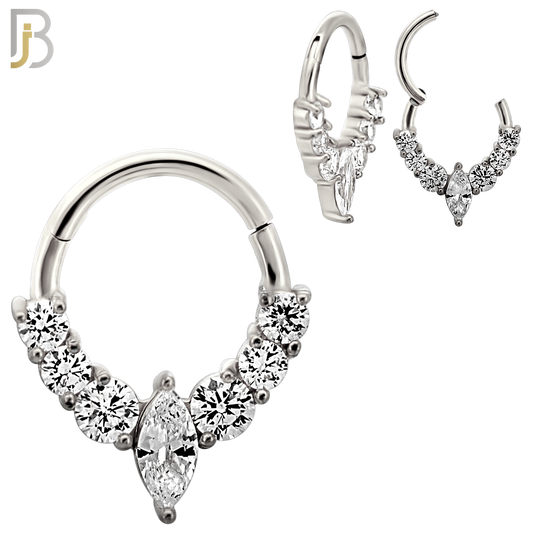 CT137 - 316L Steel Marquise Prong Set Goddess Clicker Hinged Hoops (Pack of 4)