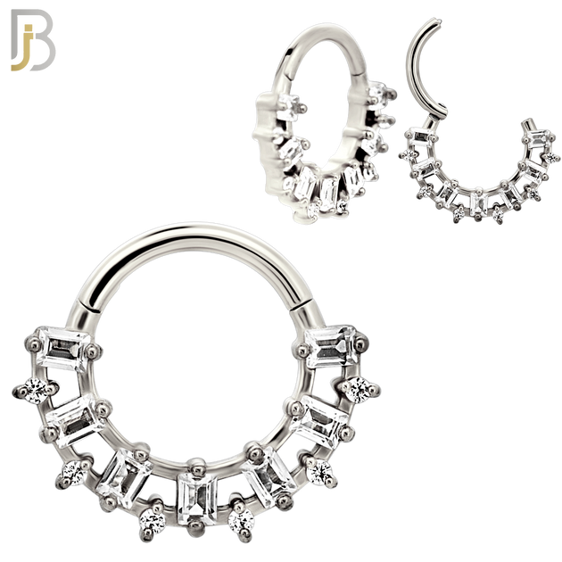 CT140 -  316L Steel Snow Baguette Sparkle Clicker Hinged Hoops (Pack of 6)