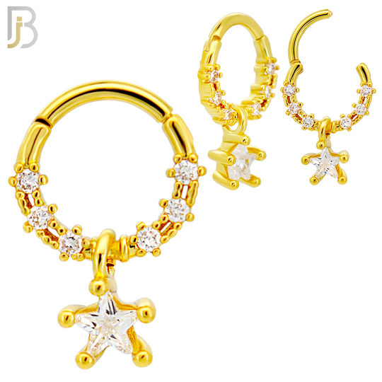 CT156 -  316L Steel Star Dangle CZ Clicker Hinged Hoops  (Pack of 4)