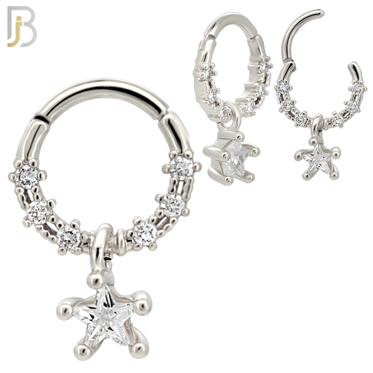 CT156 -  316L Steel Star Dangle CZ Clicker Hinged Hoops  (Pack of 4)