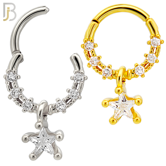 CT156 -  316L Steel Star Dangle CZ Clicker Hinged Hoops  (Pack of 4)