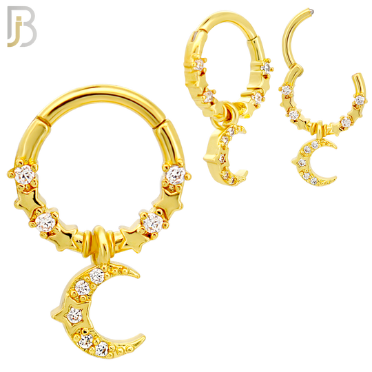 CT157 - 316L Steel Moon Dangle CZ Clicker Hinged Hoops (Pack of 4)