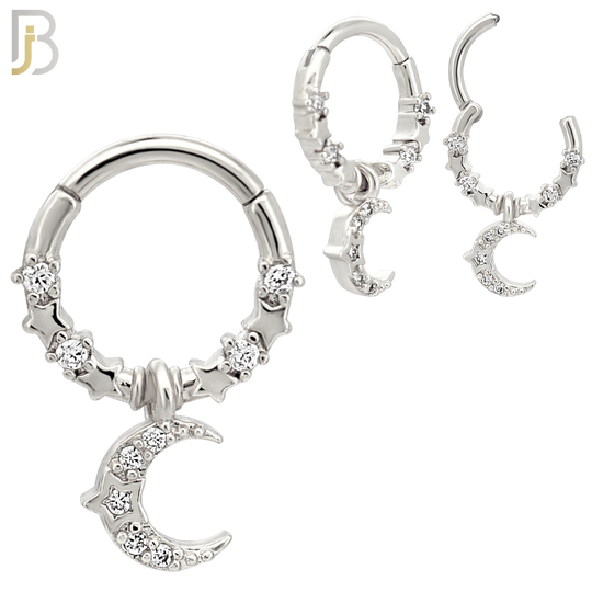 CT157 - 316L Steel Moon Dangle CZ Clicker Hinged Hoops (Pack of 4)
