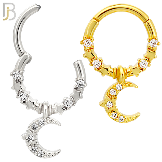 CT157 - 316L Steel Moon Dangle CZ Clicker Hinged Hoops (Pack of 4)