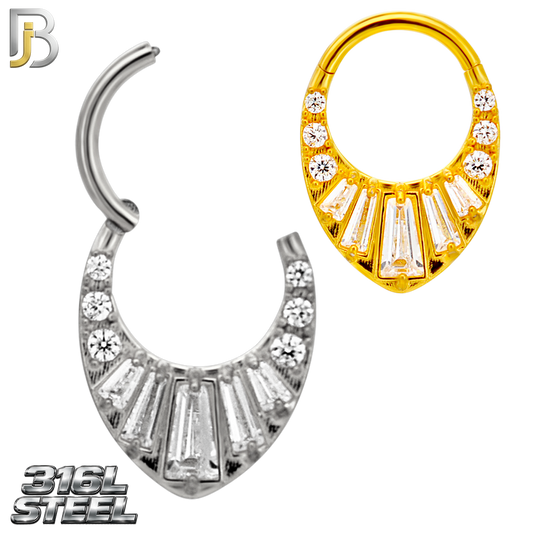 CT160 - 316L Steel Tiara‑Style Septum Clicker with Tapered Baguette CZ (Pack of 4)