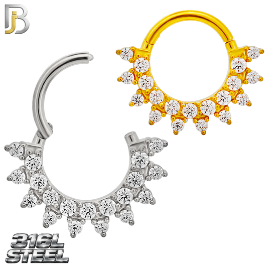CT164 - 316L Steel Sunburst with Round Cubic Zirconia Septum Clicker Hinged Hoops   (Pack of 4)