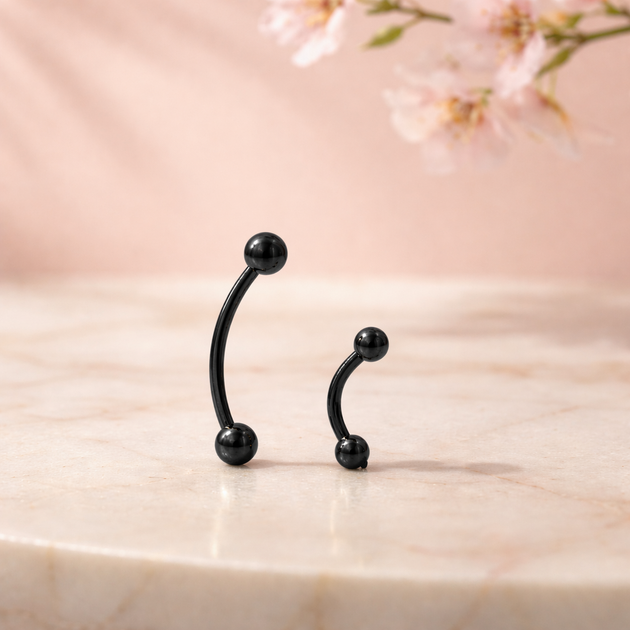 EC01K - 14g Thickness 316L Surgical Steel Black Plated Curved Plain Barbell Screw Ball External Threaded (PACK OF 6)